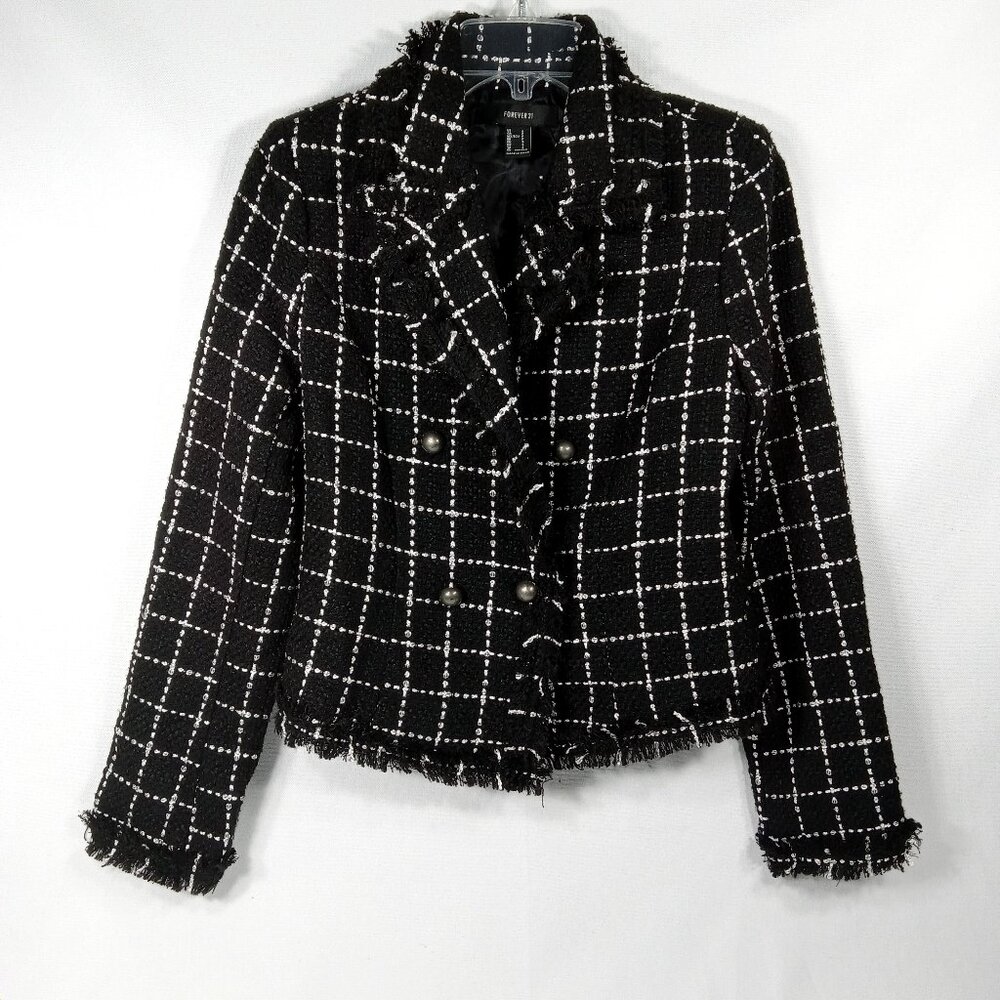FOREVER 21 Black Long Sleeve Tweed Style Fitted Blazer Jacket Womens Size Small